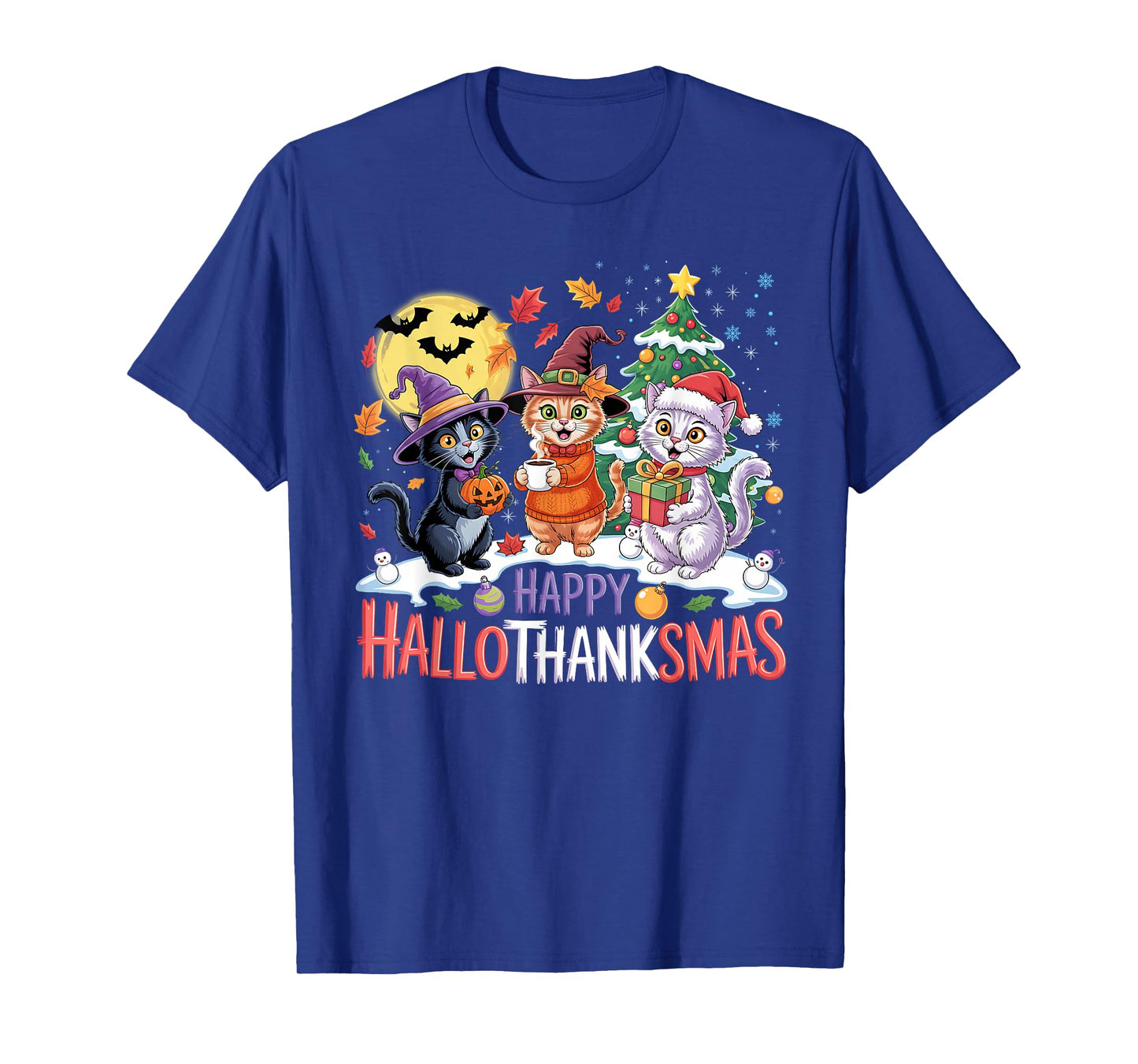 Cute Cat Halloween Christmas Thanksgiving Hallothanksmas T-Shirt