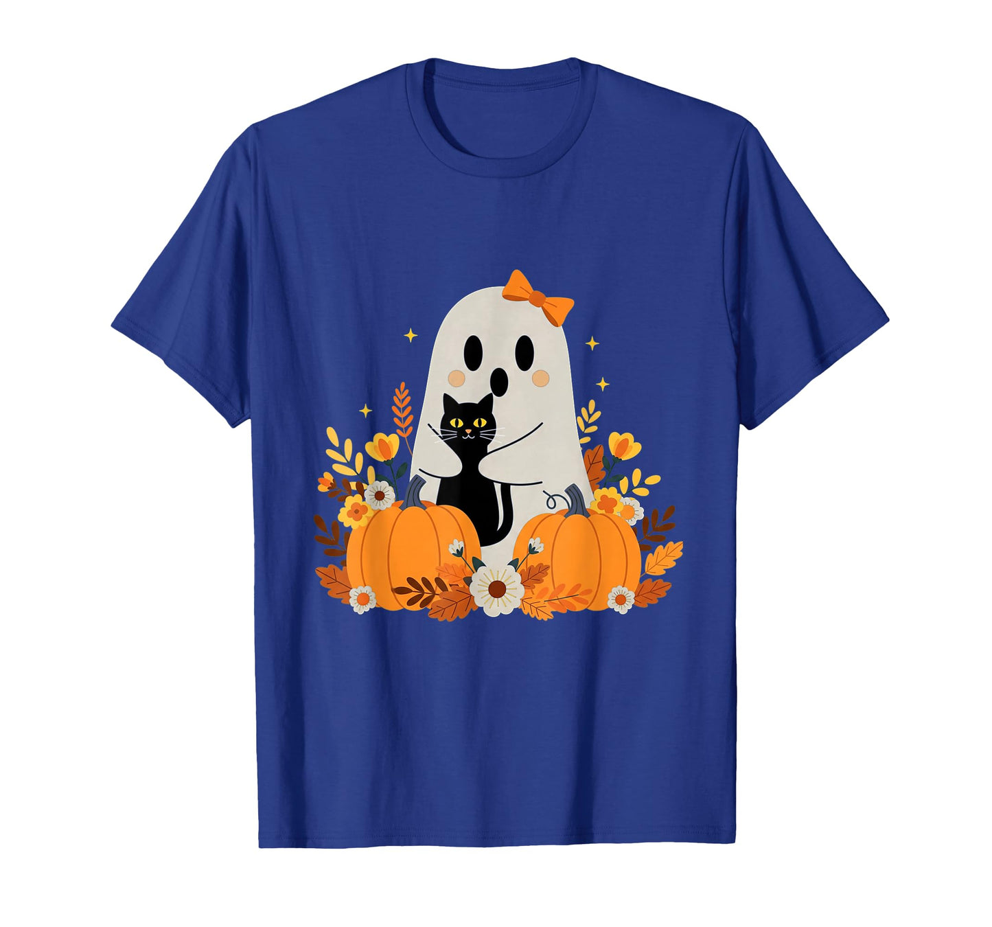 Vintage Halloween Ghost Holding Black Cat Groovy Floral T-Shirt