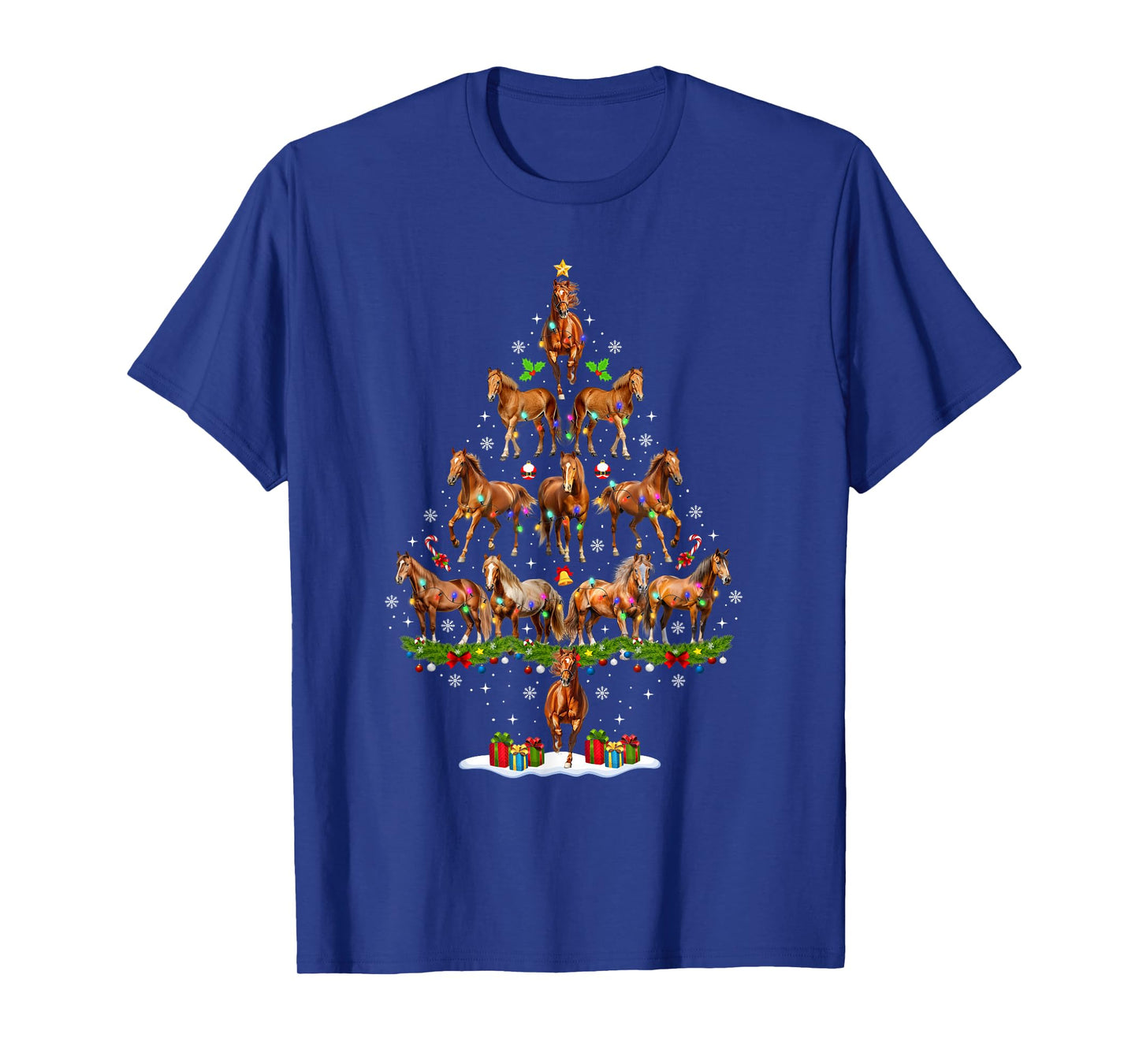 Funny Horse Christmas Tree Lights Santa Hat Xmas Pajamas T-Shirt