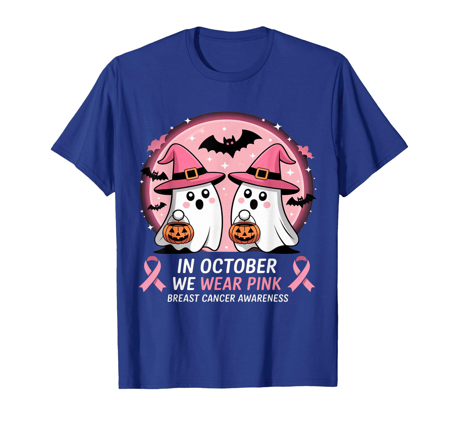 in October We Wear Pink Ghost Witch Breast Cancer Awareness T-Shirt