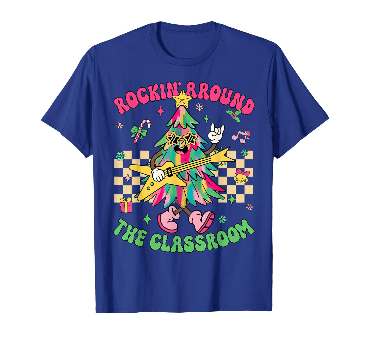 Groovy Teacher Christmas Rockin' Around The Classroom Kids T-Shirt