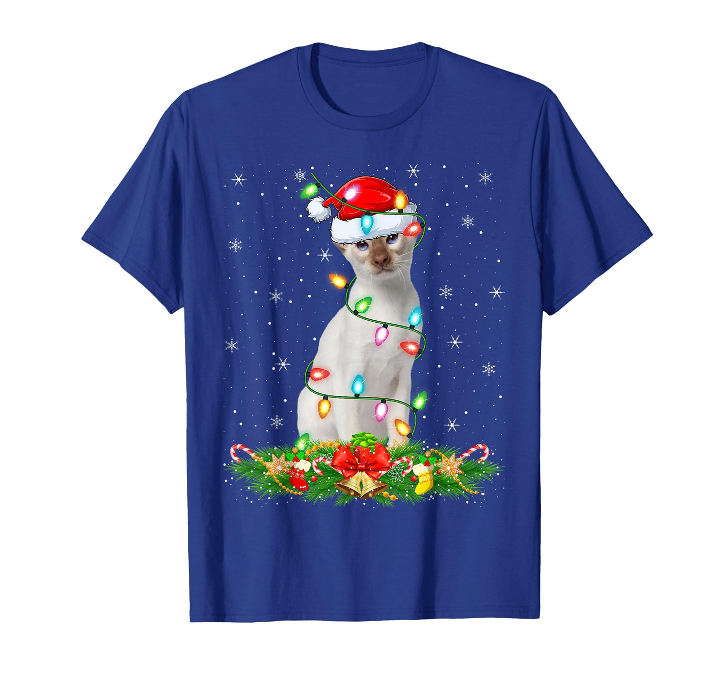 Siamese Cat Christmas Lights Funny Santa Hat Cat Xmas T-Shirt