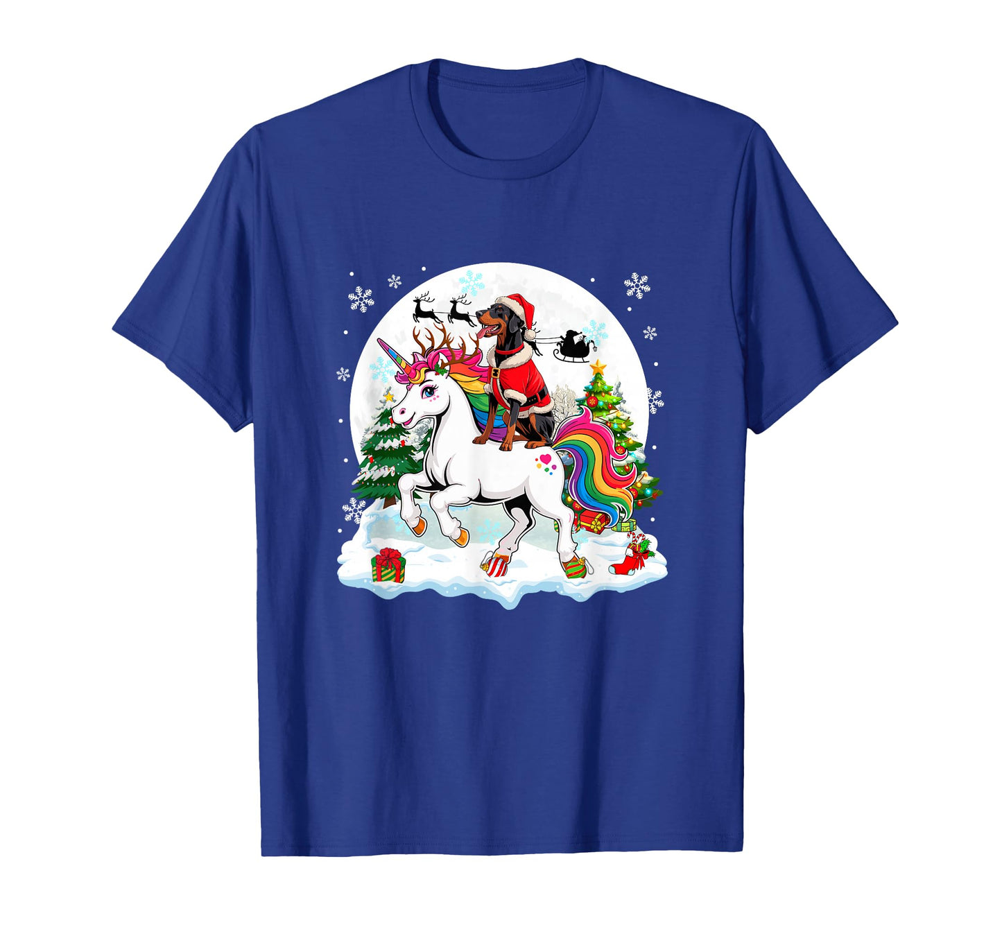 Santa Dobermann Riding Unicorn Reindeer Christmas Owner Kids T-Shirt