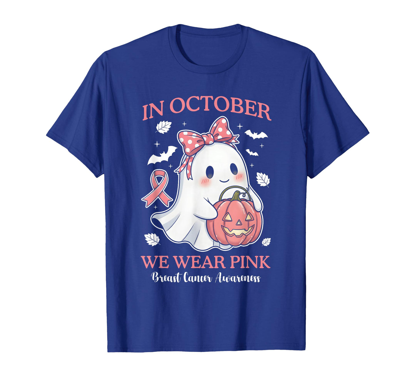 in October We Wear Pink Ghost Witch Breast Cancer Awareness T-Shirt