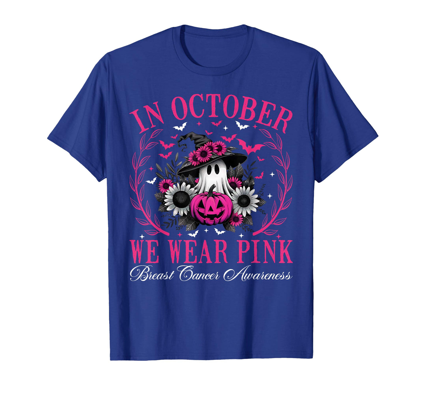 in October We Wear Pink Ghost Witch Breast Cancer Awareness T-Shirt
