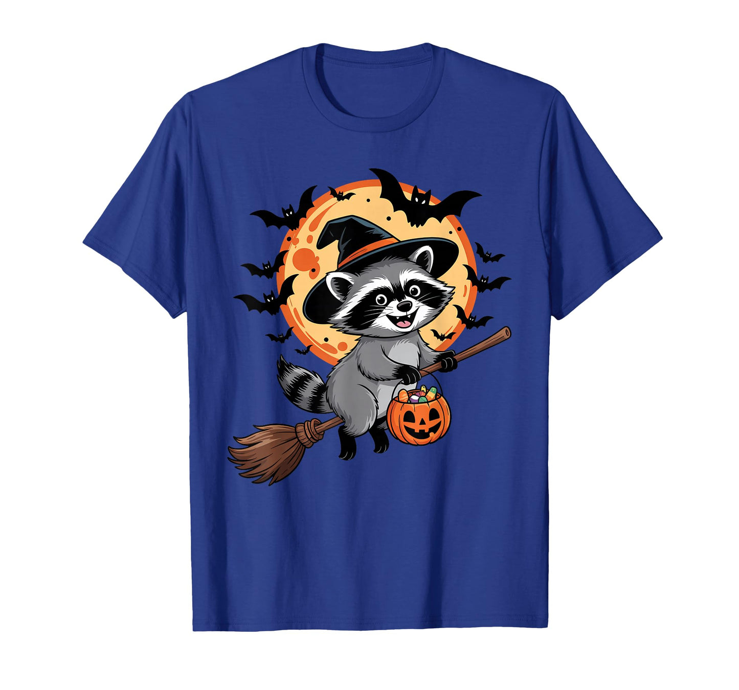Halloween Raccoon Witch Hat and Broom Pumpkin Candy Bucket T-Shirt