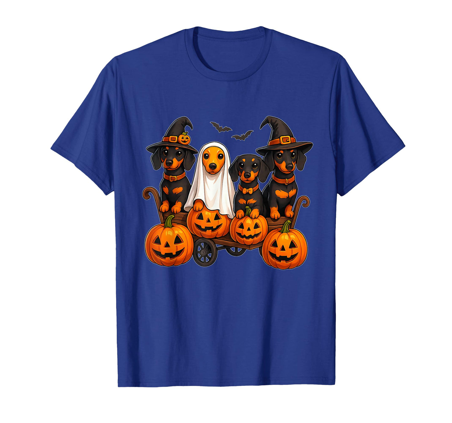 Halloween Dachshund Dogs Ghost Witch Pumpkins Wooden Wagon T-Shirt