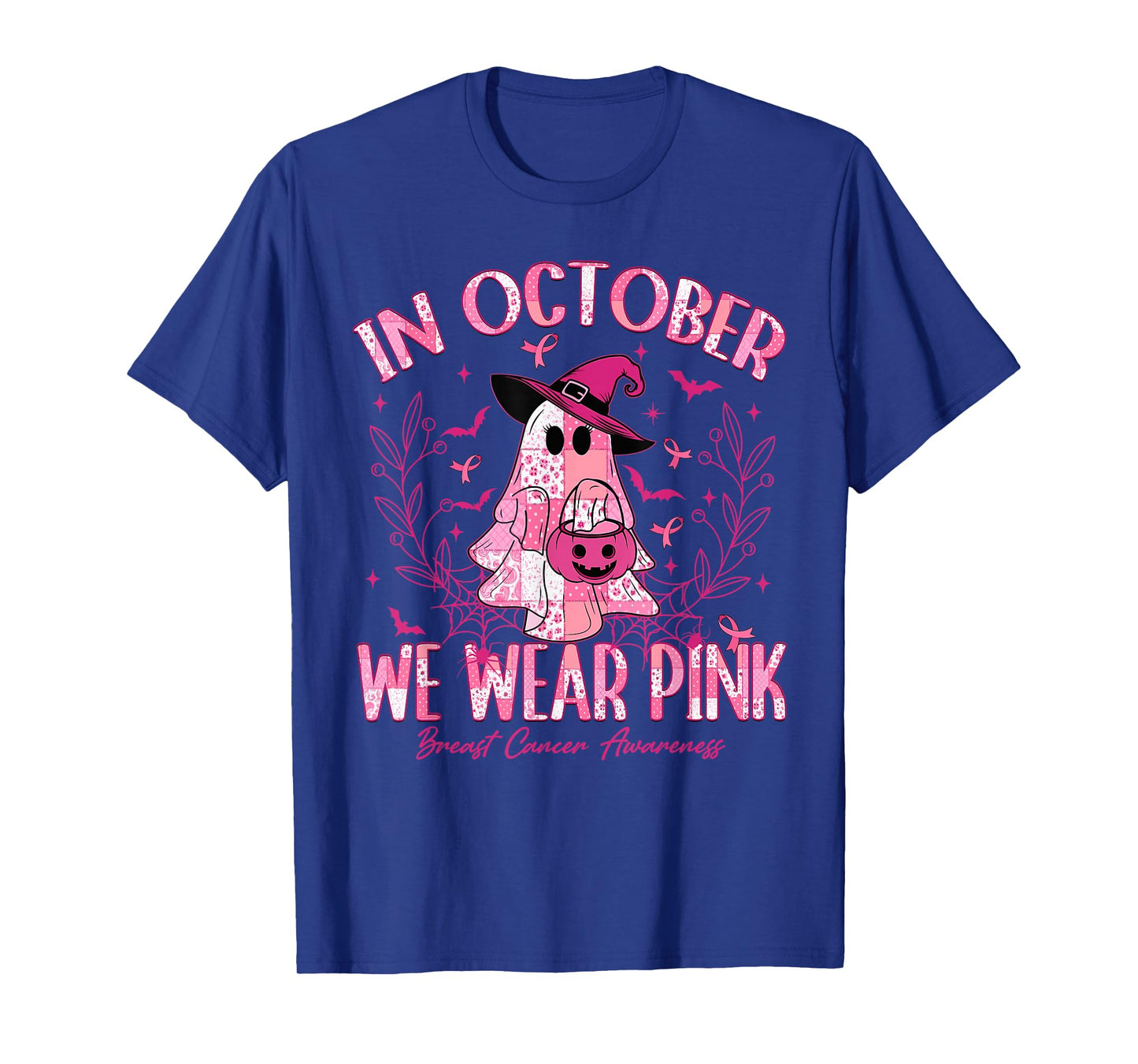 in October We Wear Pink Ghost Witch Breast Cancer Awareness T-Shirt