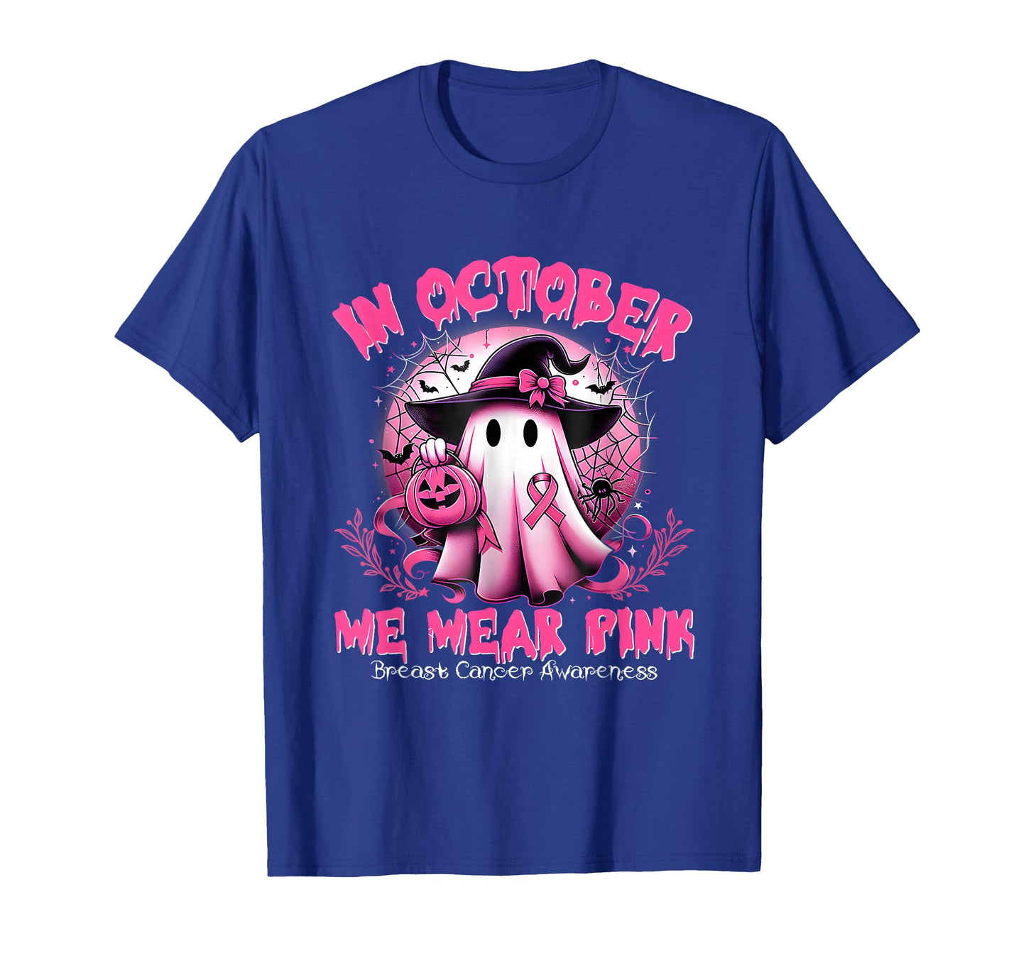 in October We Wear Pink Ghost Witch Breast Cancer T-Shirt