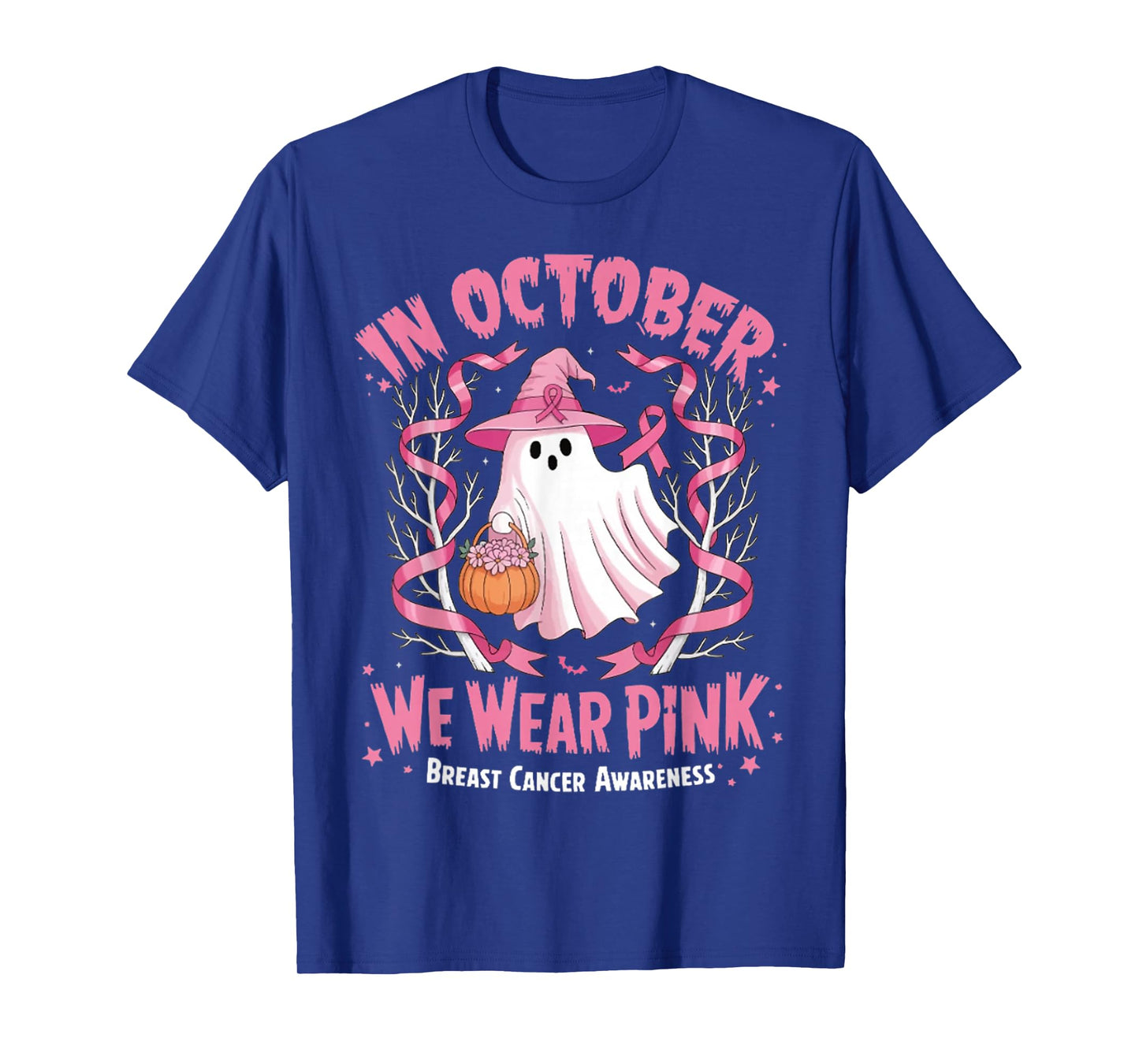in October We Wear Pink Ghost Witch Breast Cancer Awareness T-Shirt