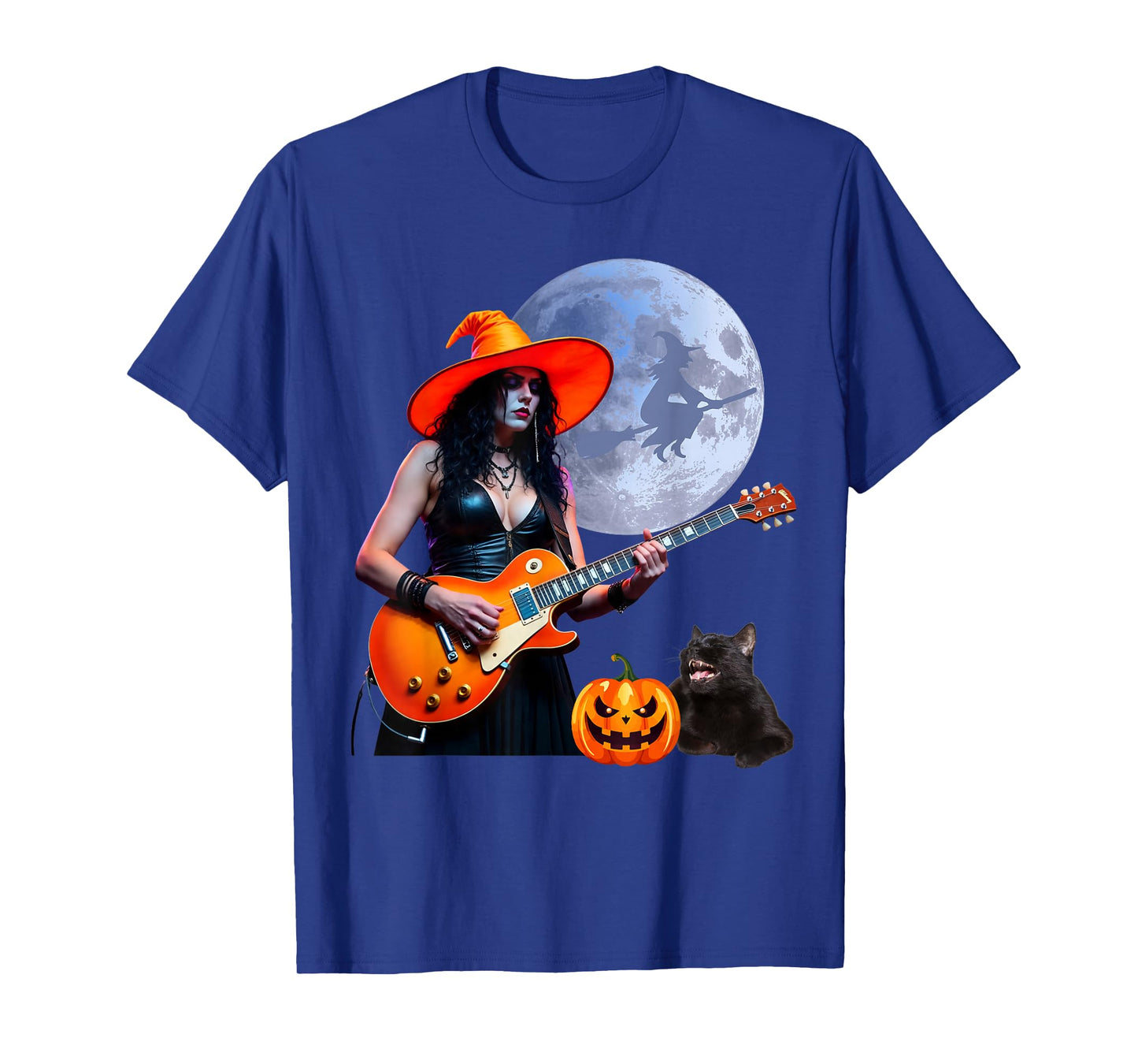 Pretty Witch Rocker Playing Electric Guitar with Cat T-Shirt