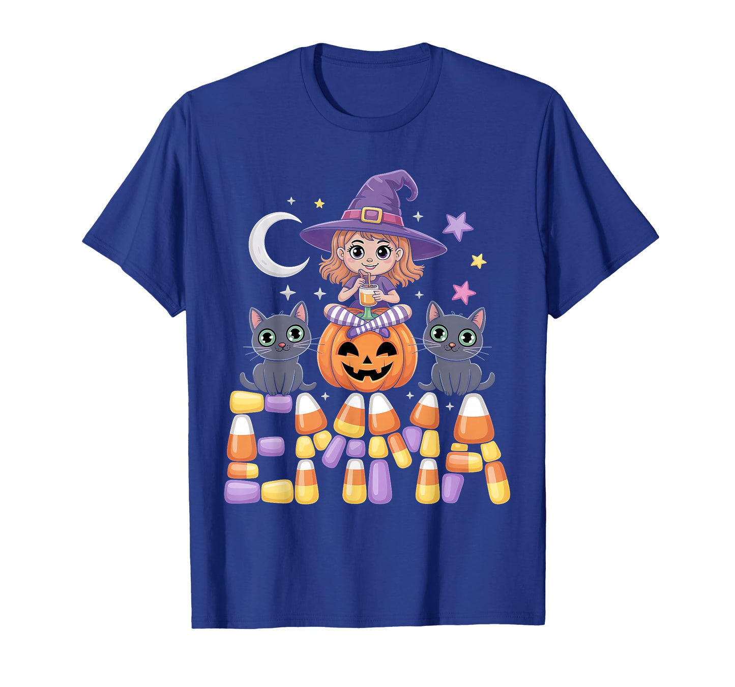 Emma Witch Candy Corn Cat Halloween Women and Girls T-Shirt
