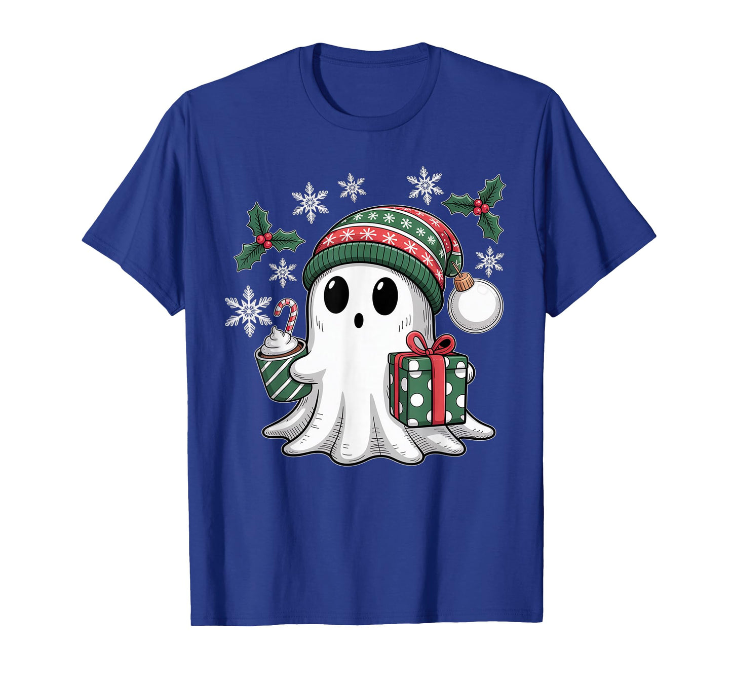 Cute Christmas Ghost Spirit with Santa Hat Coffee and Gift T-Shirt