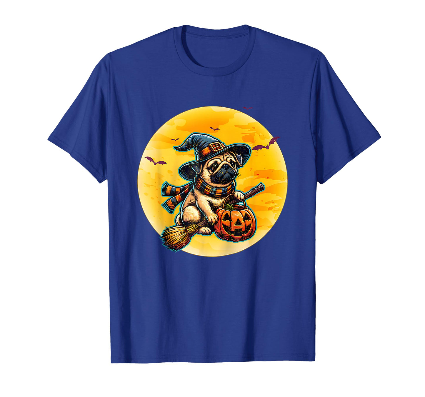 Dog Witch Broom Full Moon Pug Halloween T-Shirt