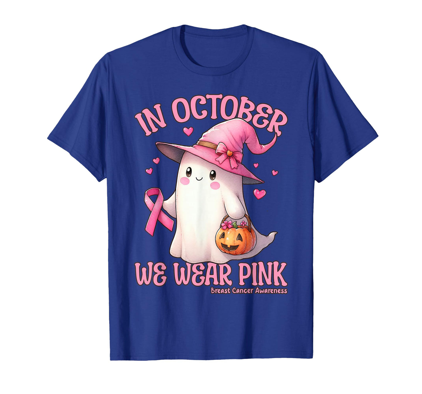 in October We Wear Pink Breast Cancer Ghost Witch Halloween T-Shirt