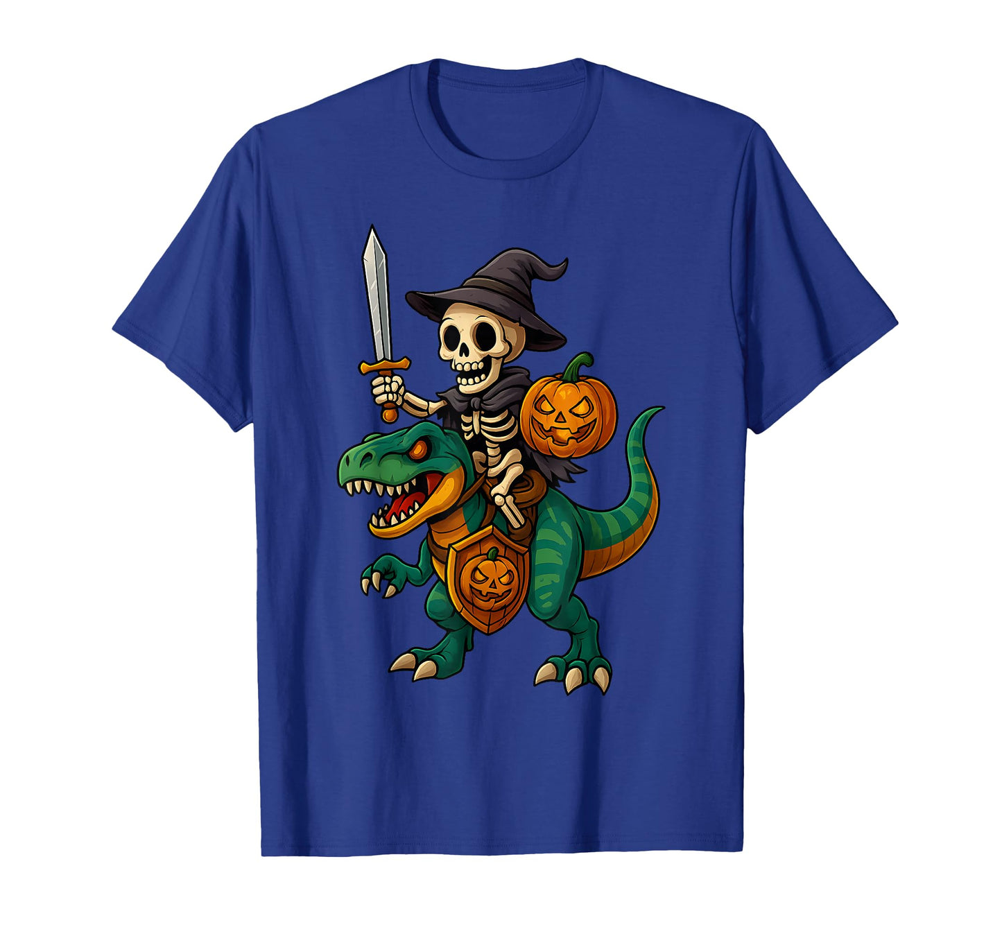 Funny Skeleton Riding T Rex with Sword and Pumpkin Halloween T-Shirt