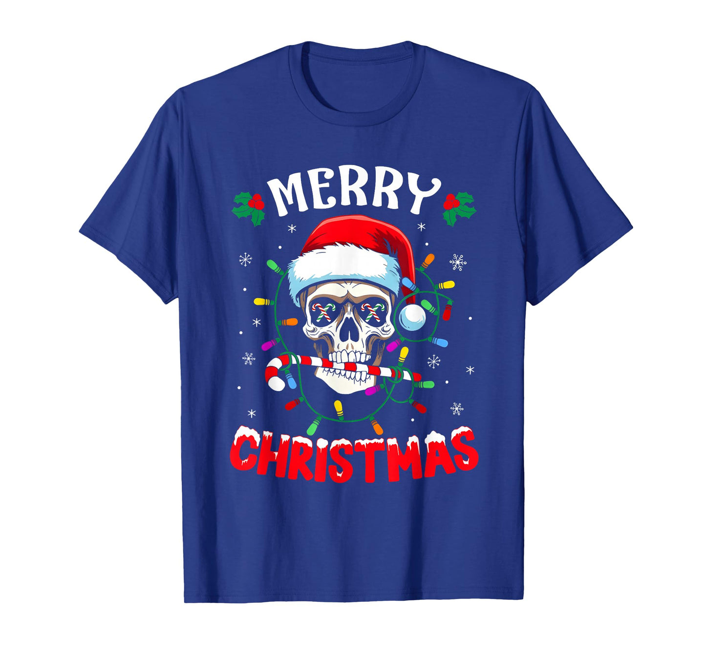 Merry Christmas Lights Red Santa Hat Skull Family Men Women T-Shirt