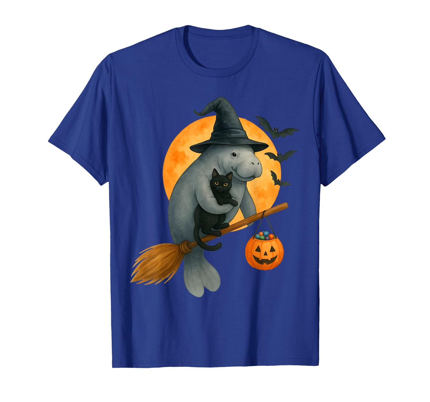 Manatee Witch Hat Black Cat Pumpkin Halloween Costume T-Shirt