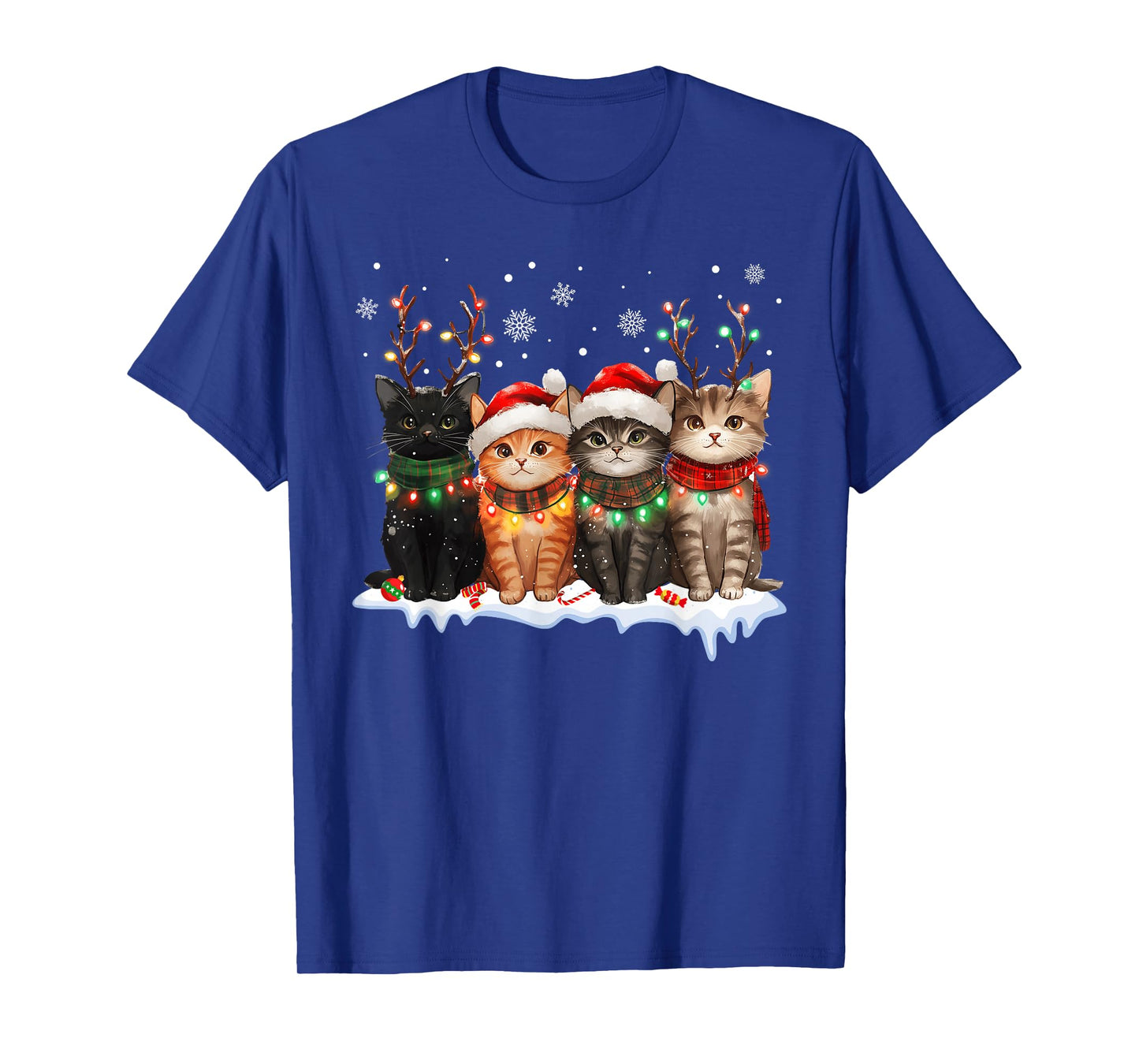 Cat Christmas Light Reindeer Santa Christmas Cat Lover T-Shirt