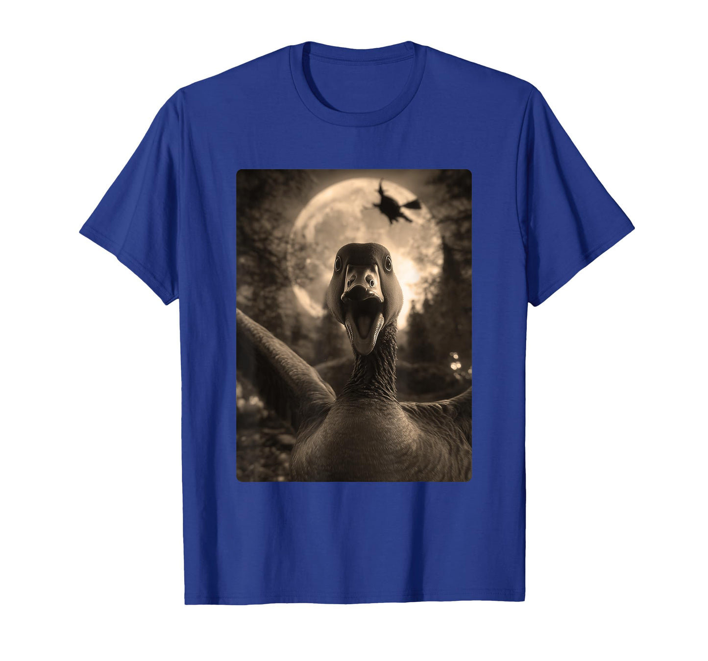 Funny Goose Selfie Full Moon Flying Witch Forest Halloween T-Shirt