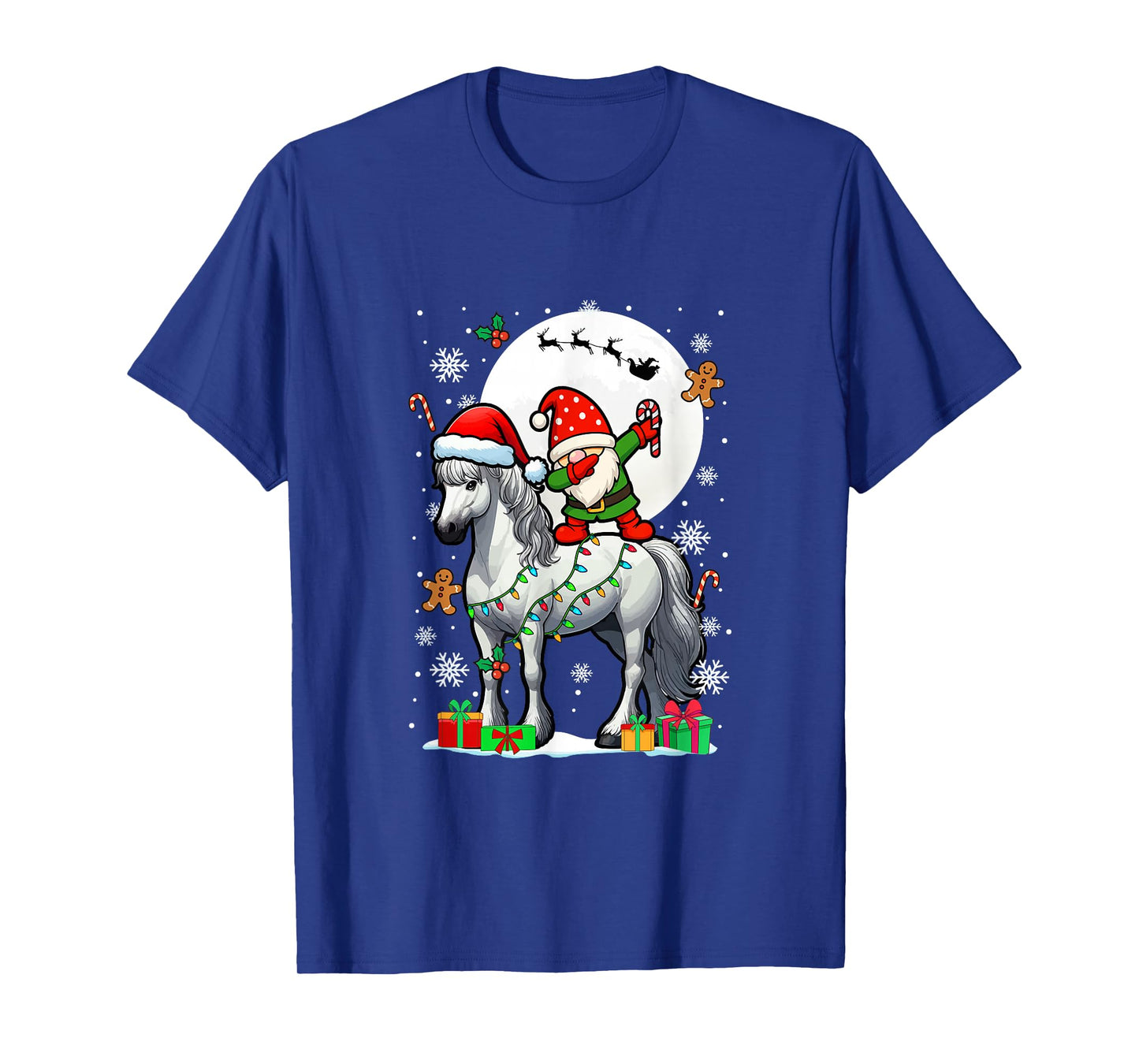 Dabbing Gnome On Horse Christmas Santa Colorful Lights T-Shirt