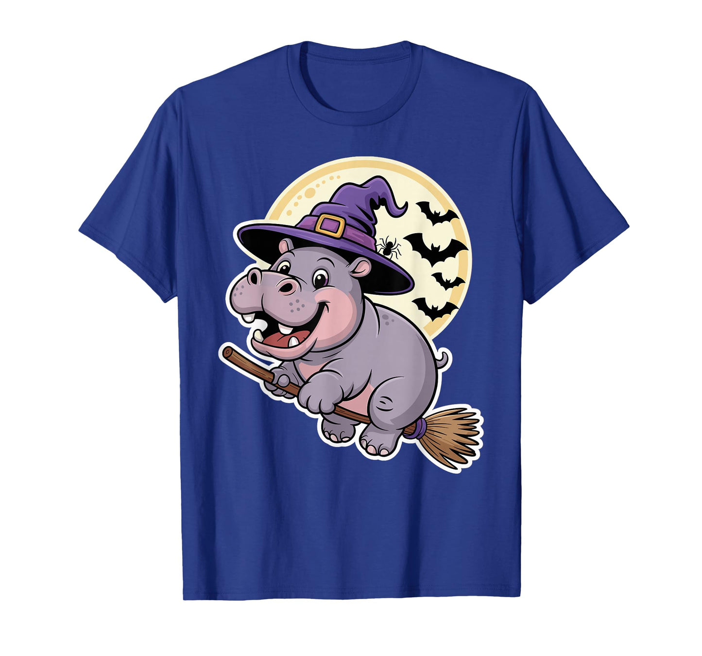 Spooky Cute Hippo Witch Riding Broom Halloween Moon T-Shirt