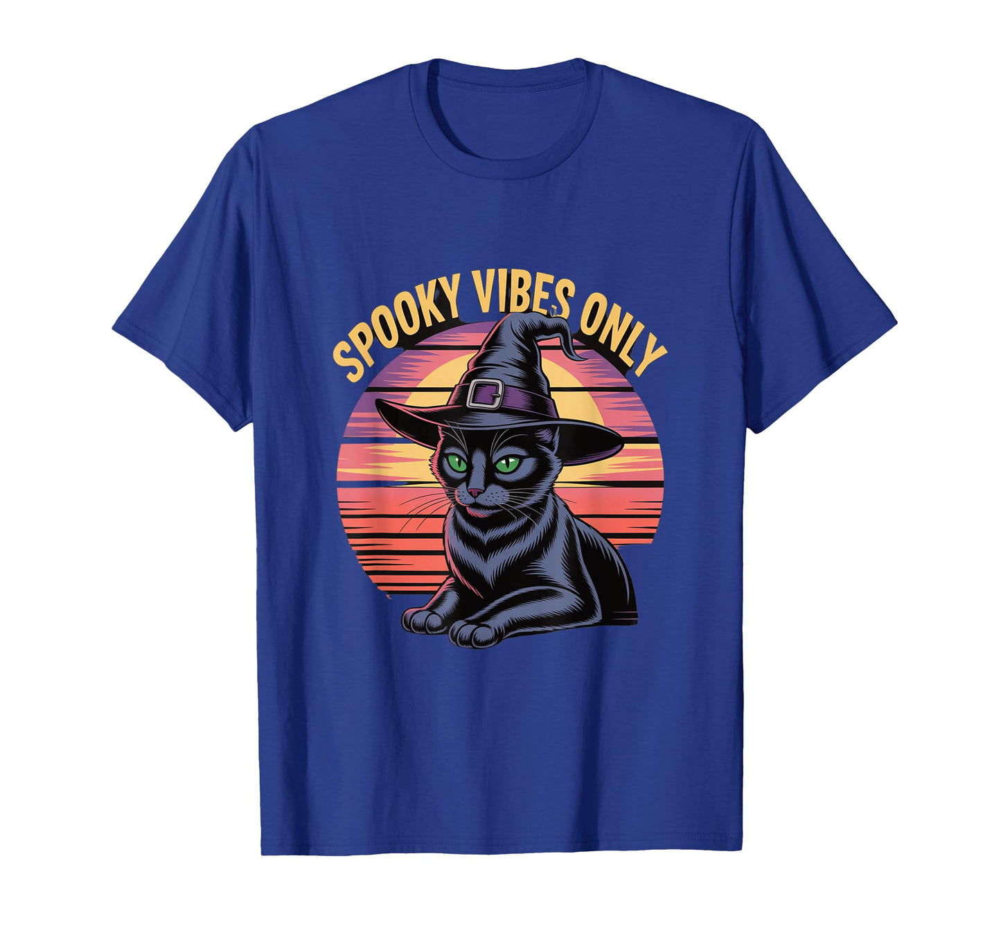 Spooky Vibes Only Cat Witch Hat Sunset Halloween T-Shirt