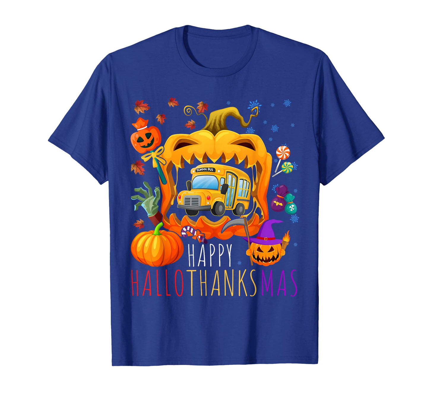Happy Hallothanksmas School Bus Halloween Thanksgiving Xmas T-Shirt
