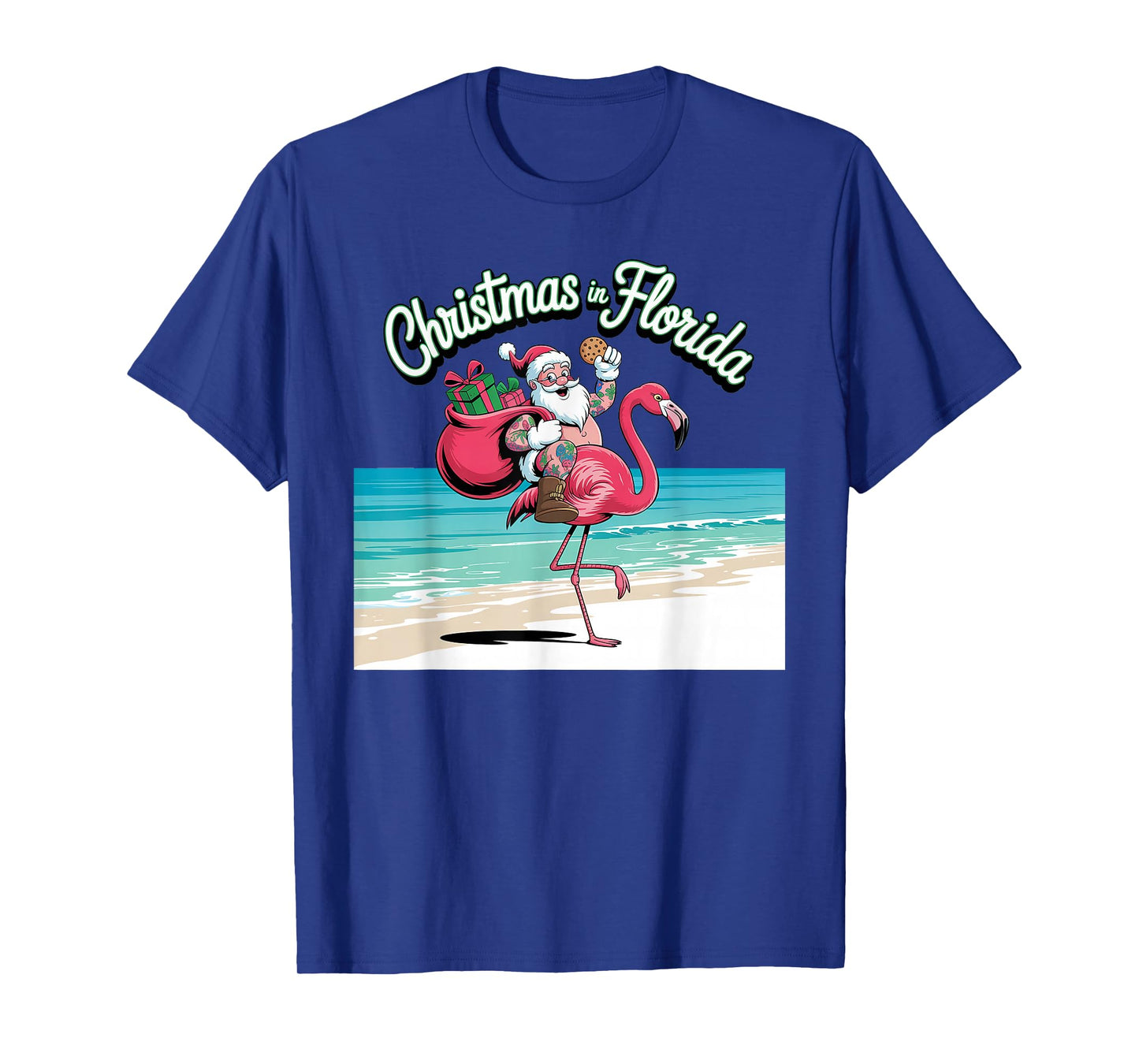 Christmas in Florida Sun Tanning Santa Riding Flamingo T-Shirt