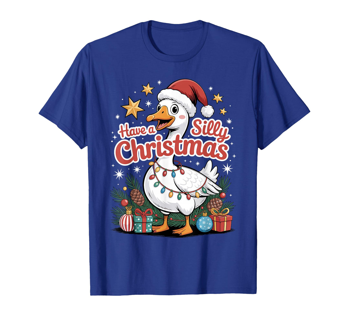 Have A Silly Christmas Funny Goose Santa Hat Lights Stars T-Shirt