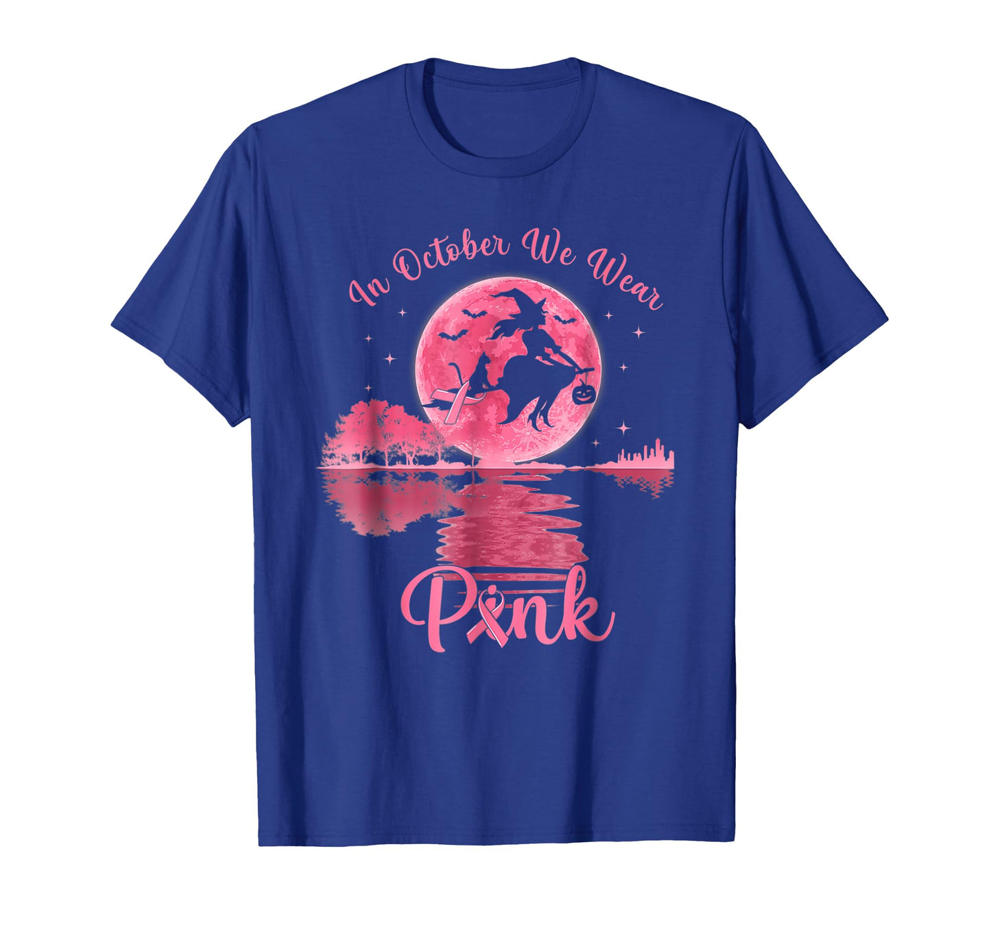 in October We Wear Pink Ribbon Witch Halloween Breast Cancer T-Shirt