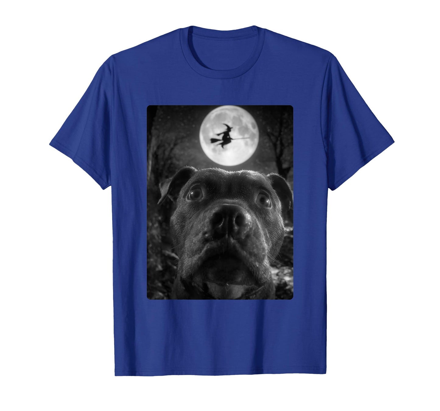 Funny Pit Bull Selfie Full Moon Flying Witch Halloween Dog T-Shirt