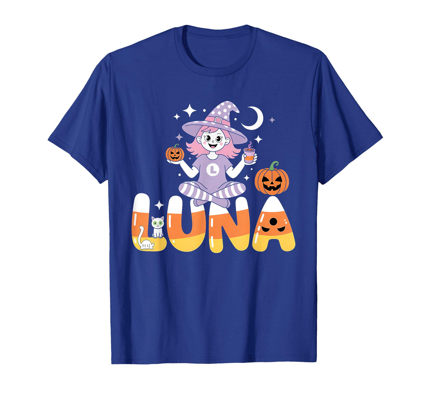Luna Witch Candy Corn Cat Halloween Women and Girls T-Shirt