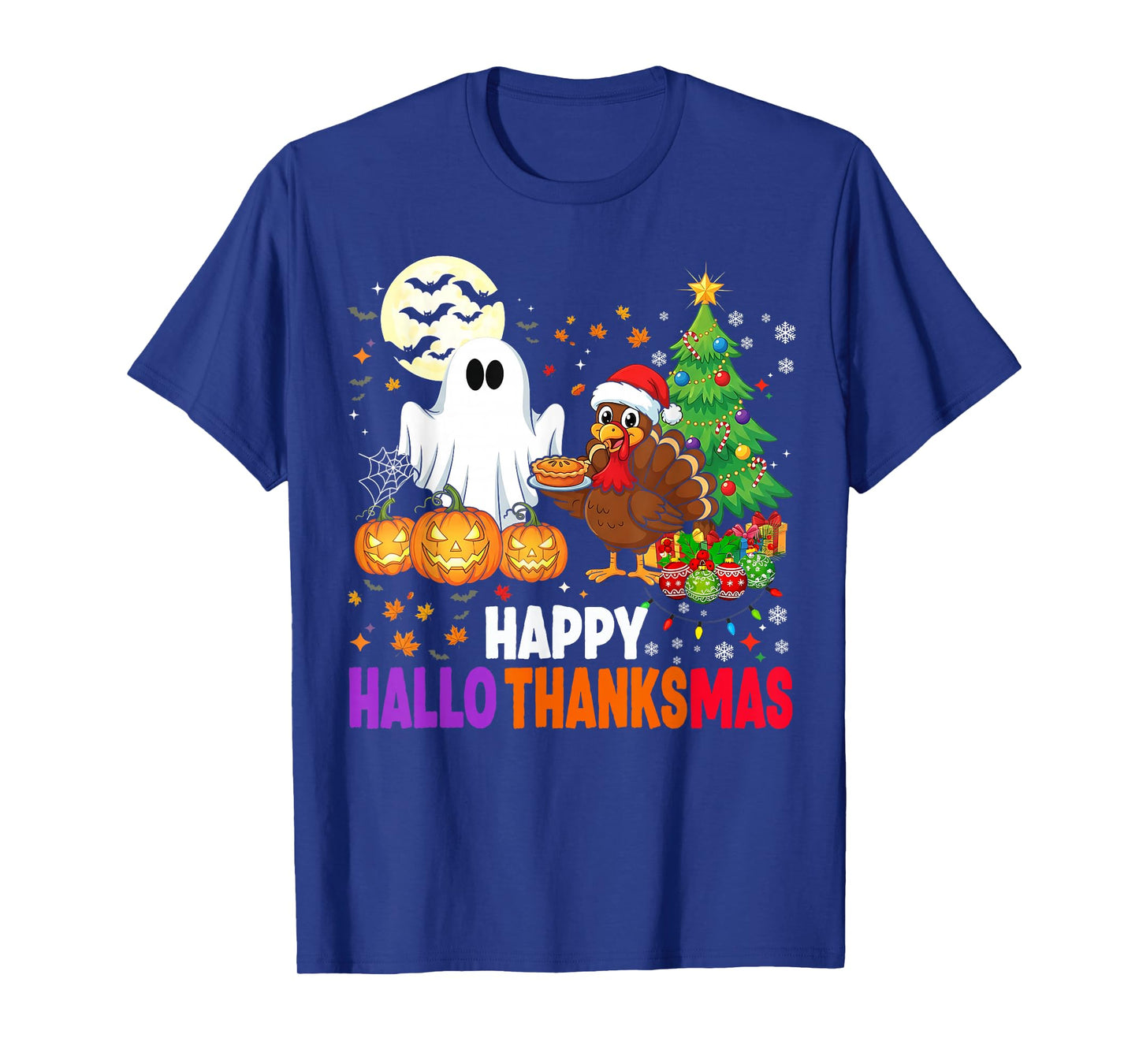 Happy HalloThanksMas Ghost 2025 Funny Halloween Thanksgiving T-Shirt
