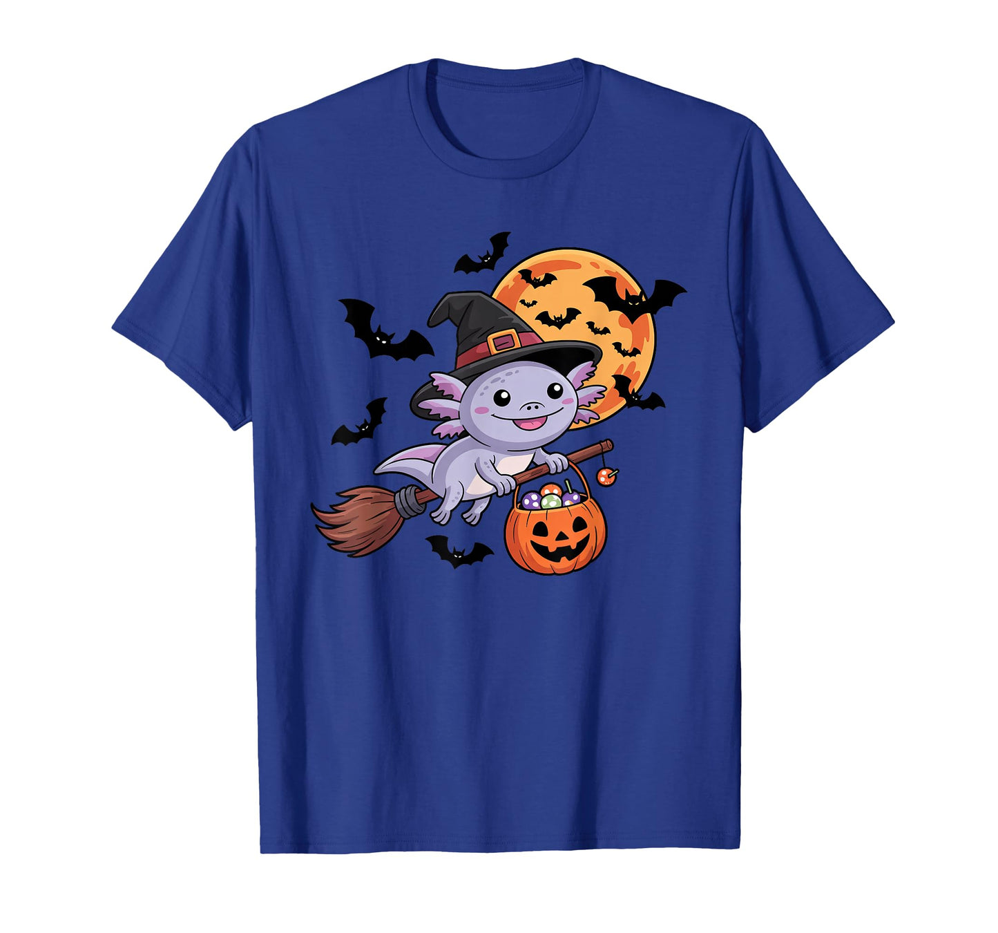 Kawaii Axolotl in Witch Hat on a Broom Halloween Costume T-Shirt