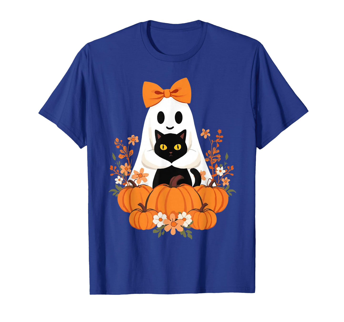 Vintage Halloween Ghost Holding Cat Groovy Floral Cat Meme T-Shirt
