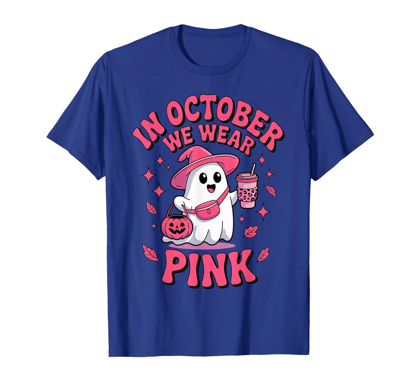 Cute Ghost Drinking Coffee in October We Wear Pink Costume T-Shirt