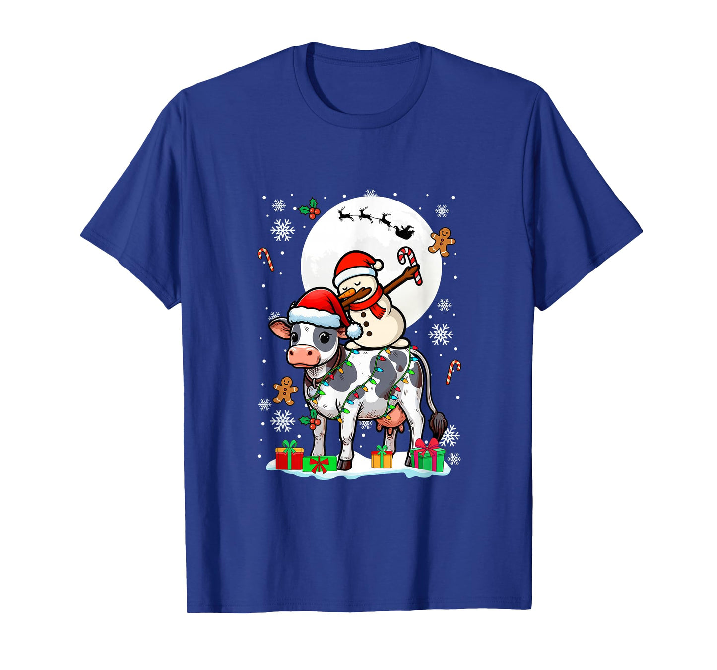 Dabbing Snowman On Cow Christmas Santa Colorful Lights T-Shirt