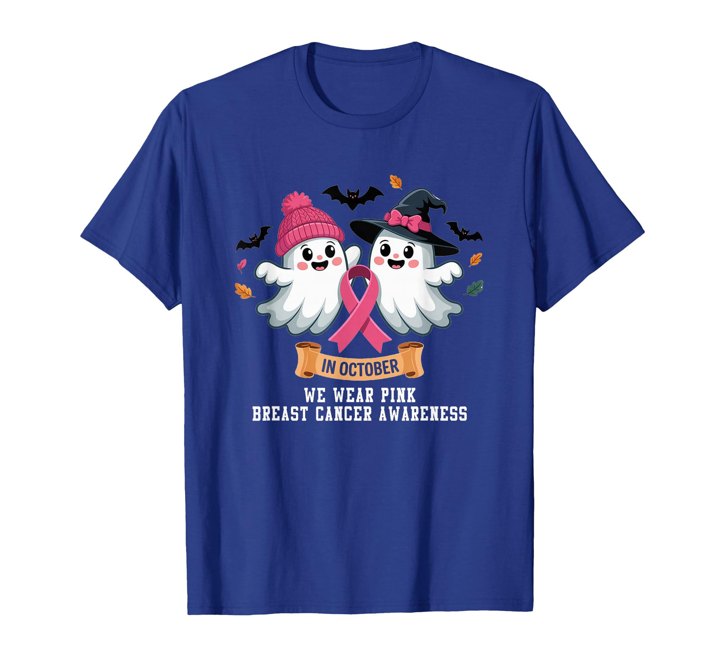 in October We Wear Pink Ghost Witch Breast Cancer Awareness T-Shirt