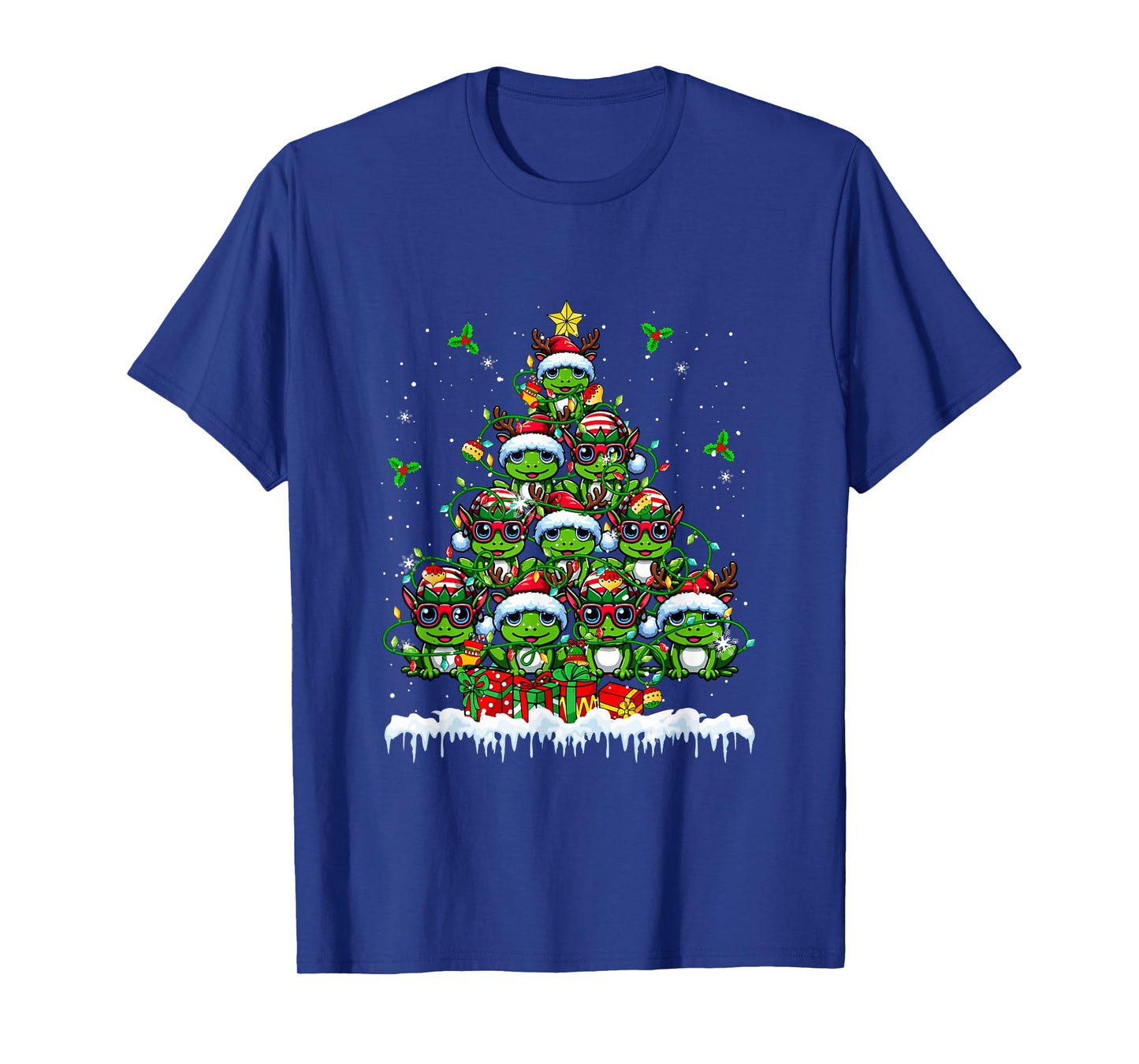 Group Santa Reindeer Elf Frogs Xmas Tree Colorful Lights T-Shirt