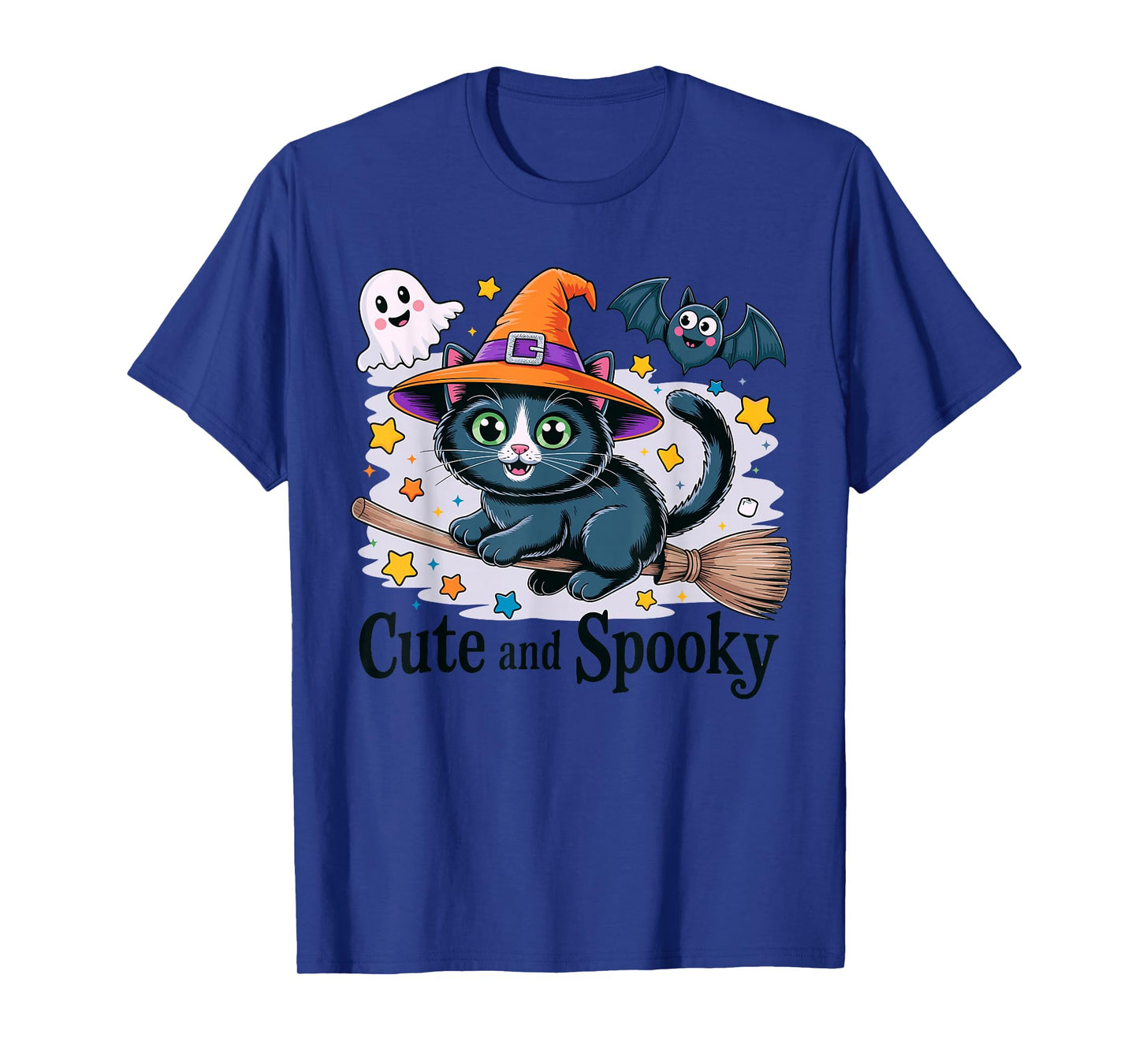 Adorable Halloween Witch Cat On Broom with Spooky Ghost T-Shirt