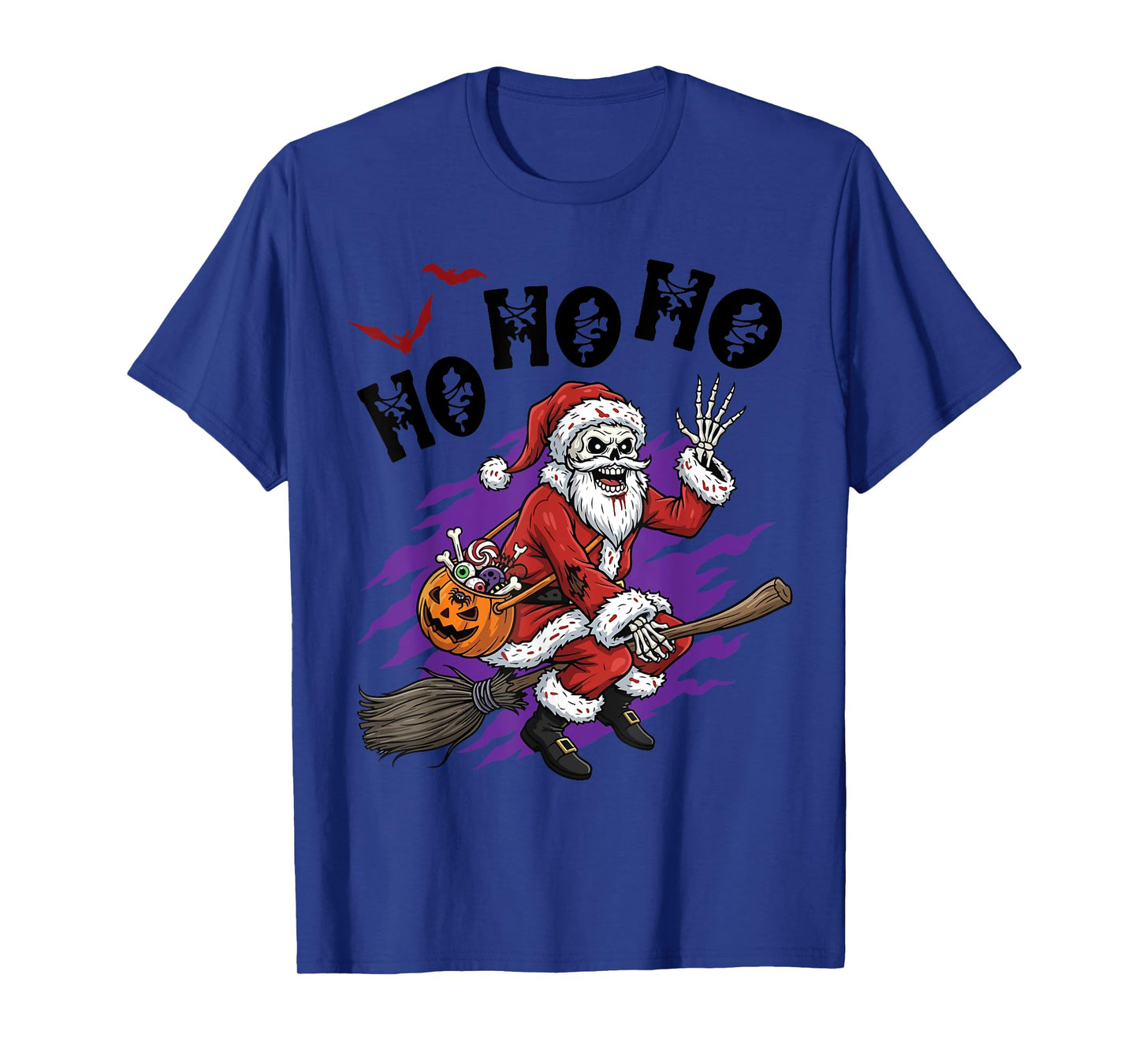 Skeleton Santa On Broom with Candy Bucket Halloween HO HO HO T-Shirt