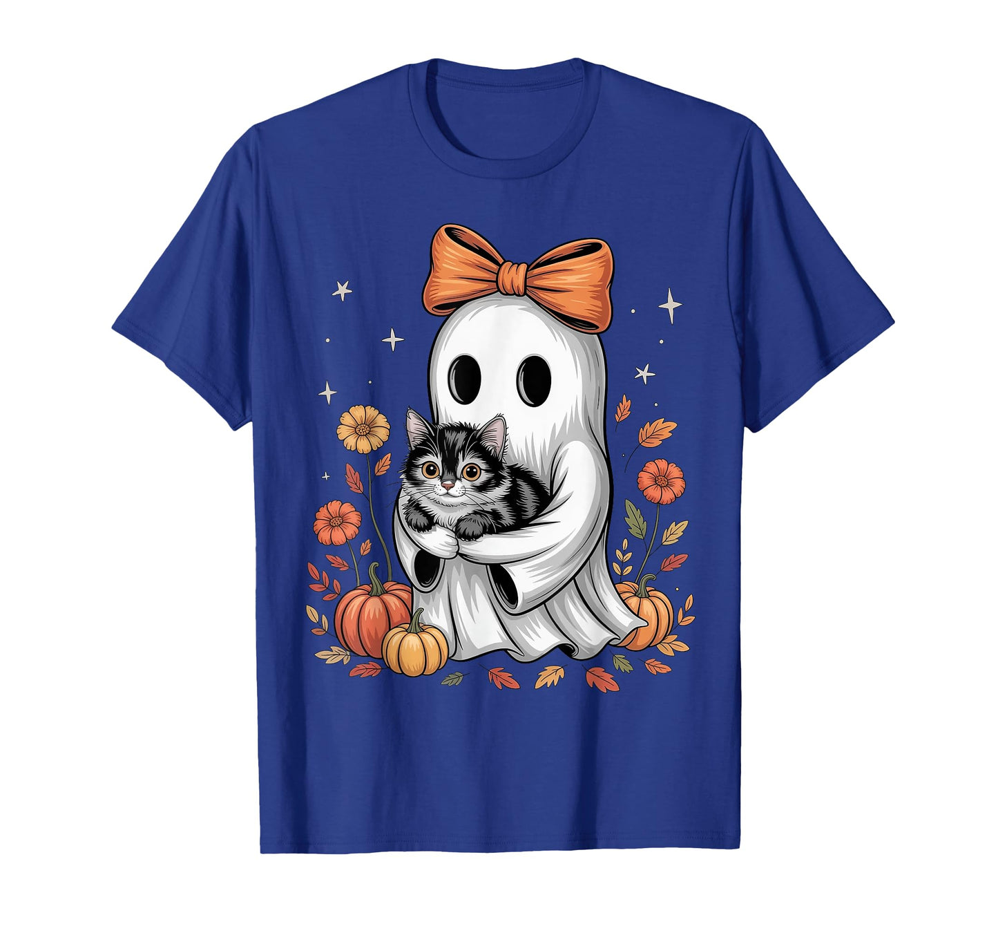 Vintage Halloween Ghost Cat Floral Pumpkin Cat Lover Kitten T-Shirt