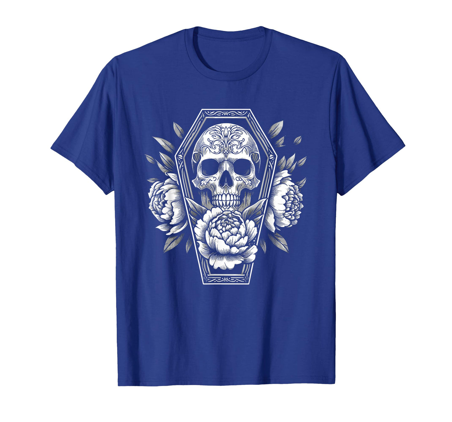 Goth Skull and Roses in Coffin Halloween Spooky Occult Pagan T-Shirt