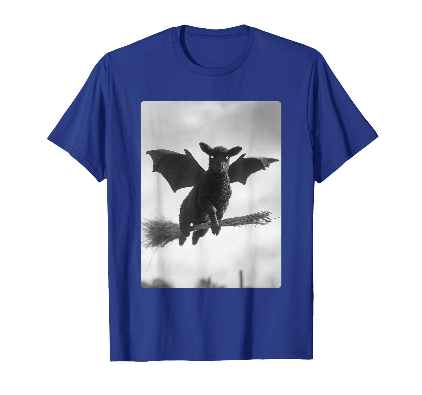 Gothic Sheep Flying Witch Broom Bat Wings Spooky Halloween T-Shirt
