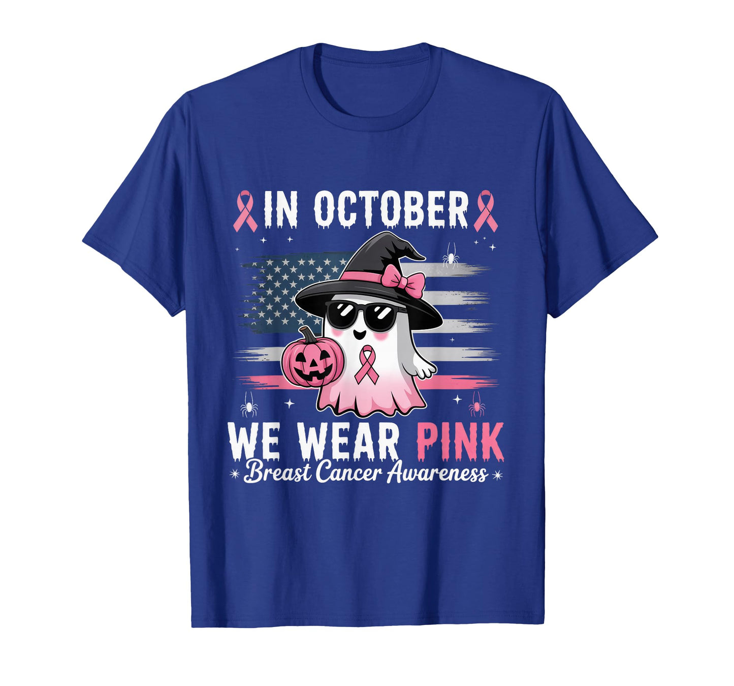 in October We Wear Pink Ghost Witch Breast Cancer Awareness T-Shirt