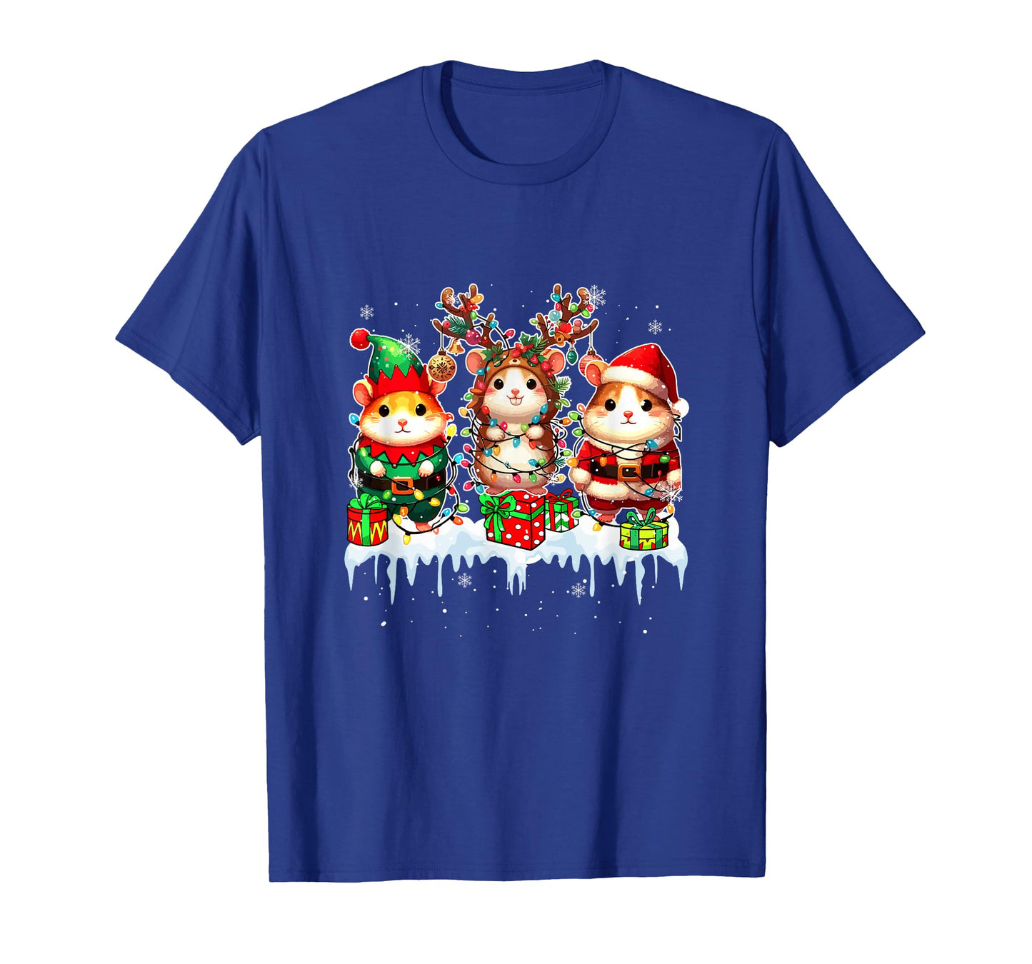 Three Santa Reindeer Elf Hamsters Christmas Colorful Lights T-Shirt