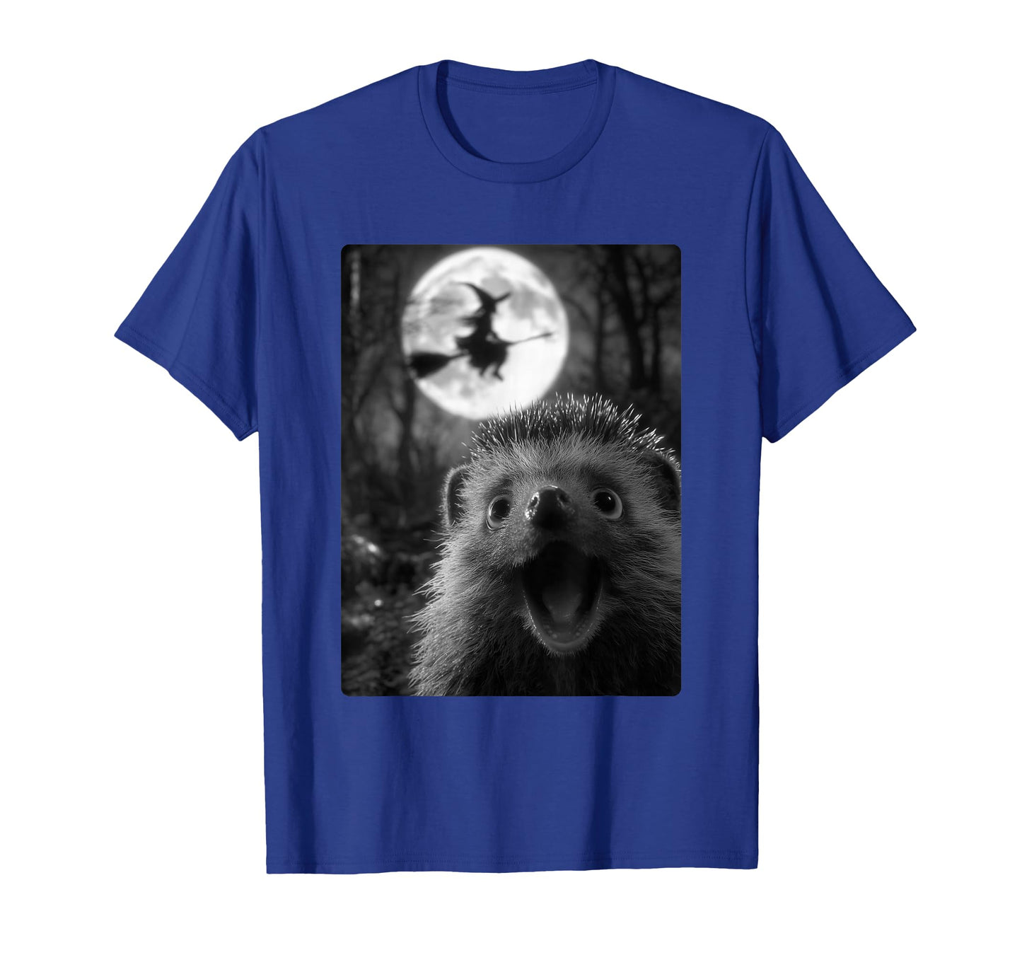 Funny Hedgehog Selfie with Full Moon Flying Witch Halloween T-Shirt