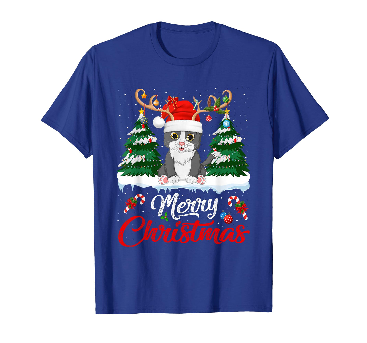 Cat Christmas Tree Lights Reindeer Santa Hat Funny Cat Xmas T-Shirt