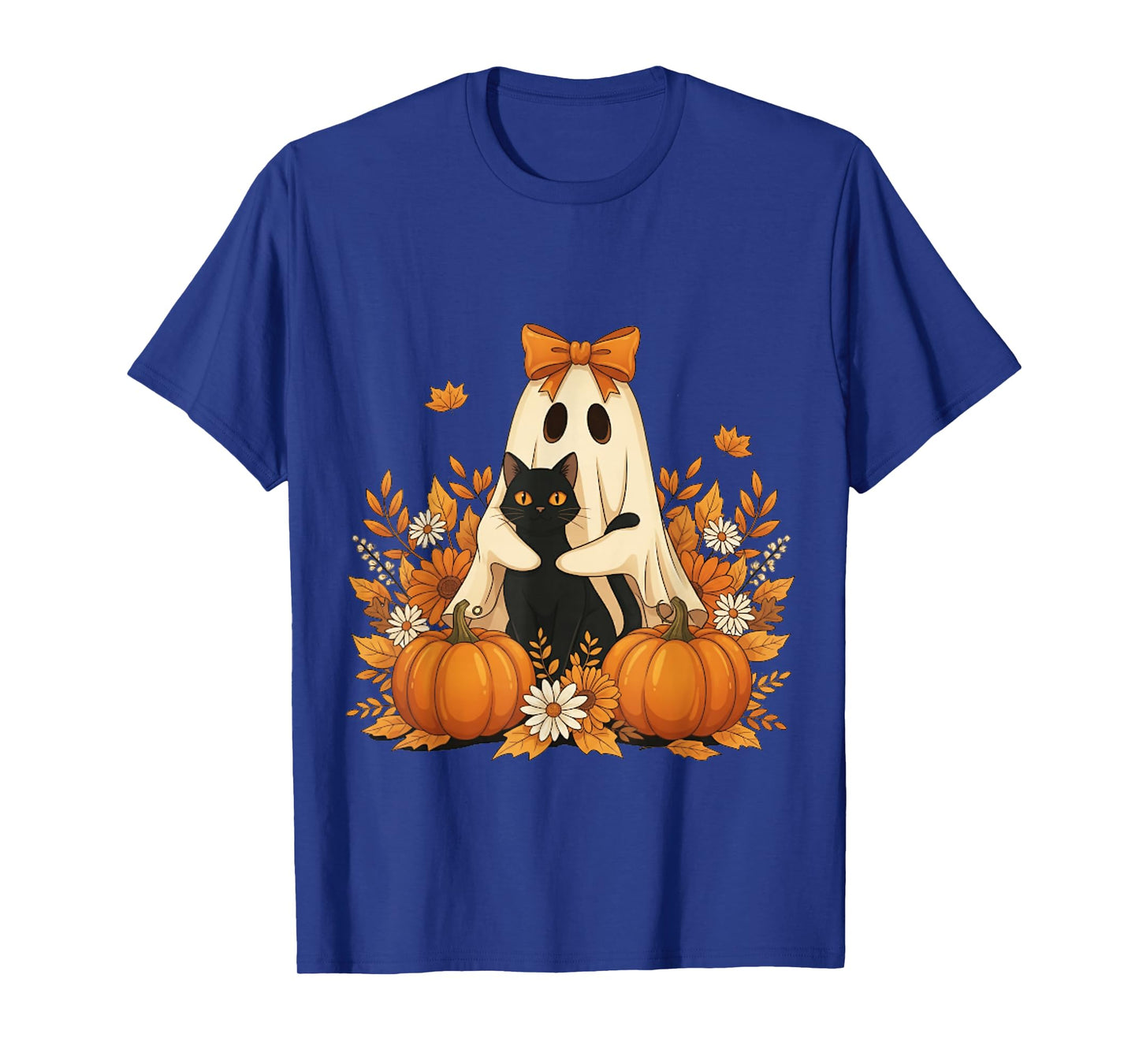 Vintage Halloween Ghost Holding Black Cat Groovy Floral T-Shirt